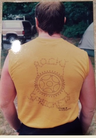 1988 Axle showing-off our new Rocky Sprockets Tee-shirt