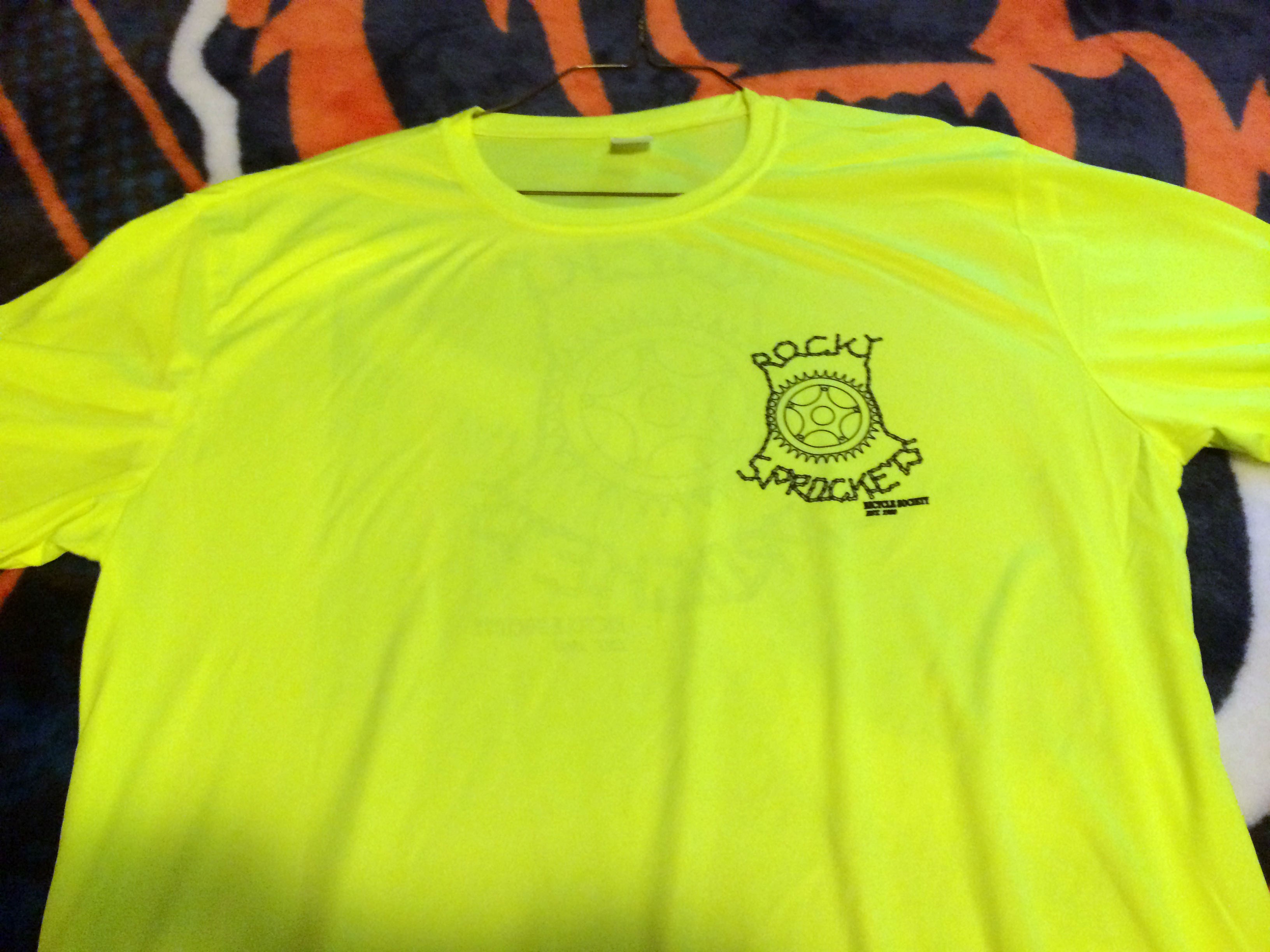 2014 re-printed/created Rocky Sprockets Tee-shirt (Neon Yellow) [Front view]